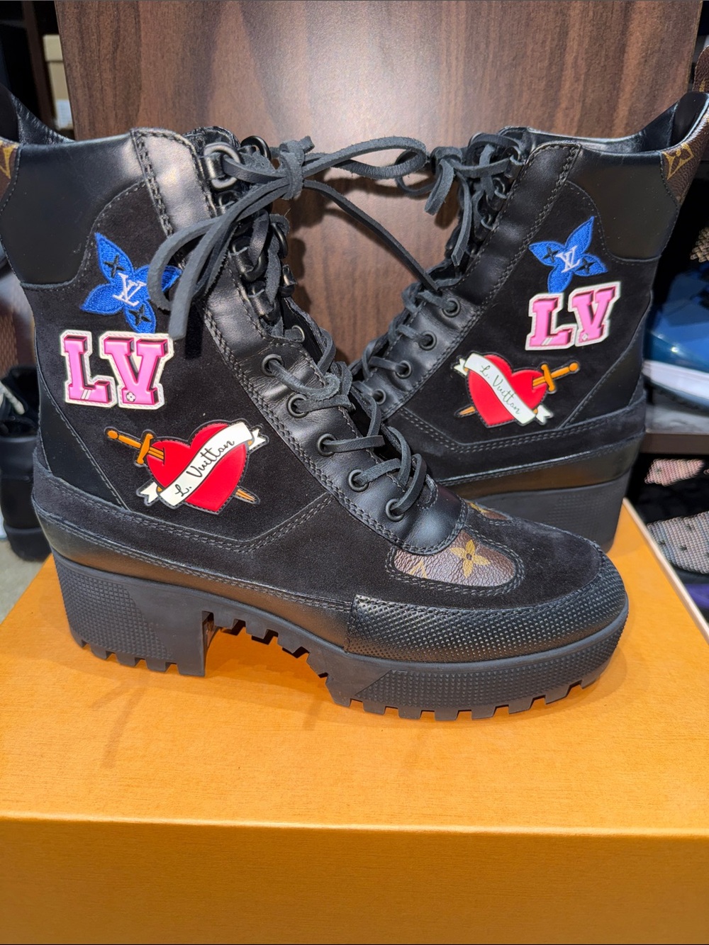 Louis Vuitton Black Combat Boots with Pink LV & Blue Flower Patches